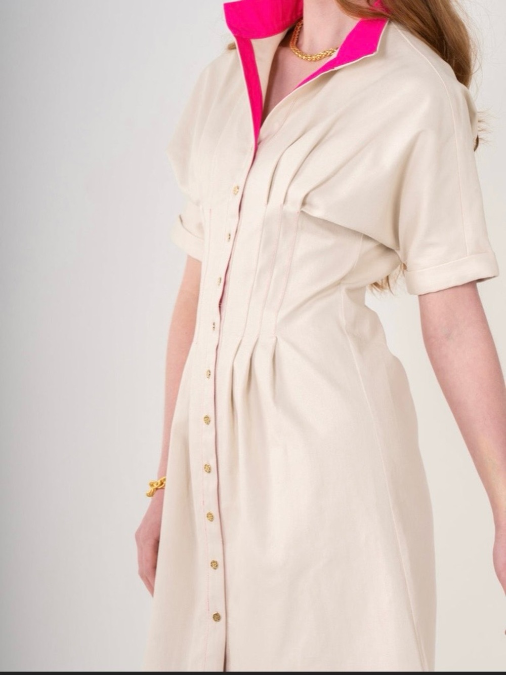 Emily McCarthy Georgia dress. Cream Shirt Dress with Pink Trim NWT